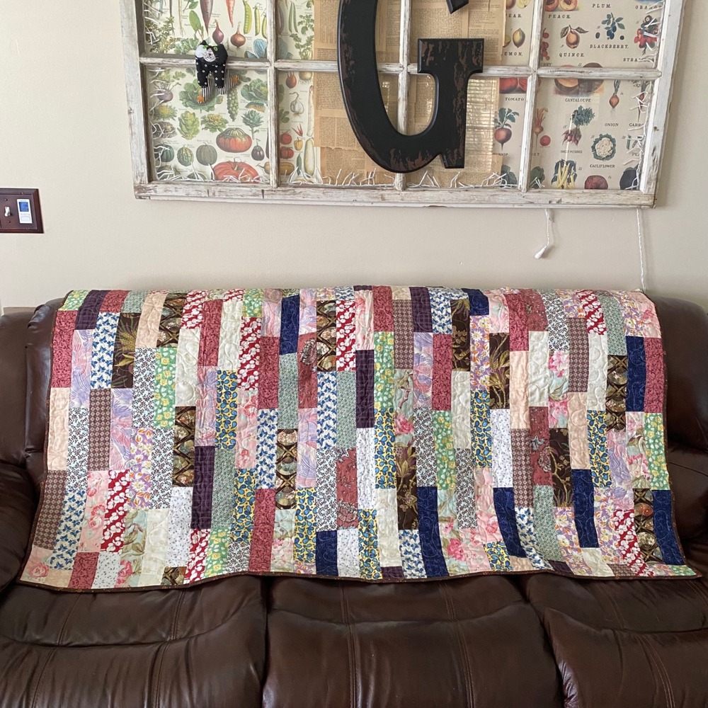 Handmade Patchwork Jelly Roll Strip Quilt Floral Multi Color Lap Throw 62"x42"